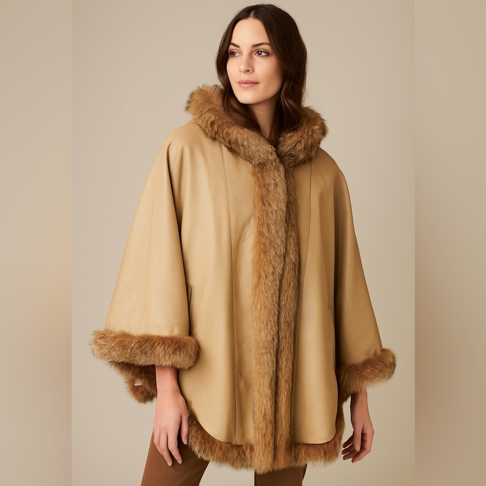 Vintage Leather Cape Fur Trim Beige S-XL Oversized Luxury Coat